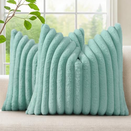 decorUhome Fall Cozy Faux Fur Throw Pillow Covers 26x26 Set of 2 Decorative Soft Plush Striped Modern Farmhouse Boho Couch Euro Sham Pillow Cases with Velvet Back for Sofa Bed Living Room, Aqua - color: Aqua, size: 26" x 26" (Pack of 2)