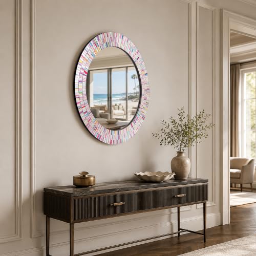 24" Round Rainbow Mosaic Wall Mirror, Multicolor Glass Tile Frame, Bohemian Decorative Accent Mirror for Living Room, Bathroom, Bedroom, Entryway, Wall Mount - color: Rainbow Multicolor