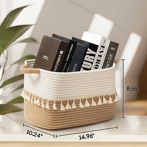 TeoKJ Woven Storage Bin Set of 3, Cotton Rope Basket for Storage, Clothes Boho Basket Bin for Organizing, Fabric Basket for Books, Plants, Pet Treats, White & Jute - color: White & Jute, size: 3 Pack