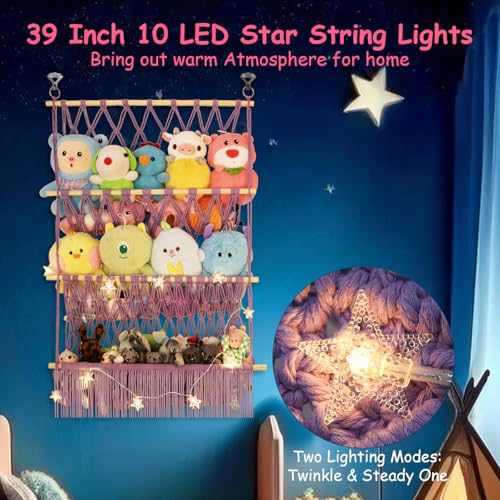 3 Tier Stuffed Animal Storage Shelf Net, 24x39 Inch Large Stuffy Storage w/ LED Light & Clips for Mini Medium Plushie Teddy, Purple Boho Macrame Wall Stuffed Animal Holder Display for Kids Girls Boys - color: Light Purple, size: Large-3 Tier-24x39 Inch