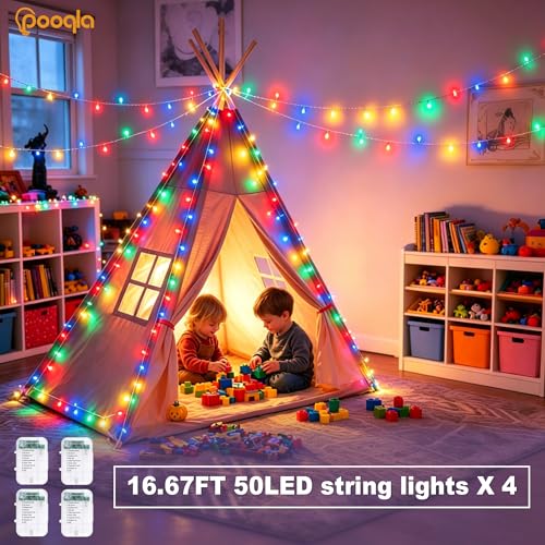 Pooqla 4 Pack String Lights Battery Operated, Total 66.6ft 200 LED Fairy Lights Indoor Outdoor Decorations, 8 Modes Colorful Battery Christmas Lights for Bedroom Classroom Porch Party Yard Decor - color: Colorful, size: 50 LED x4