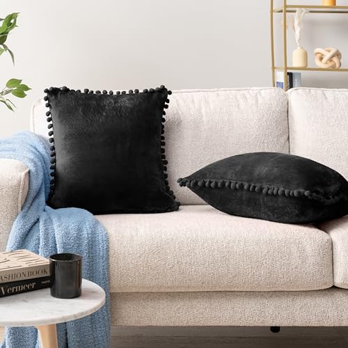 PAVILIA Black Throw Pillow Covers with Pom Pom 18x18 Set of 2, Decorative Pillow Cases for Bedroom Aesthetic, Small Throw Pillows Set for Bed, Velvet Euro Plush Cushion Covers for Sofa Couch - color: Black, size: 18" x 18" (Pack of 2)