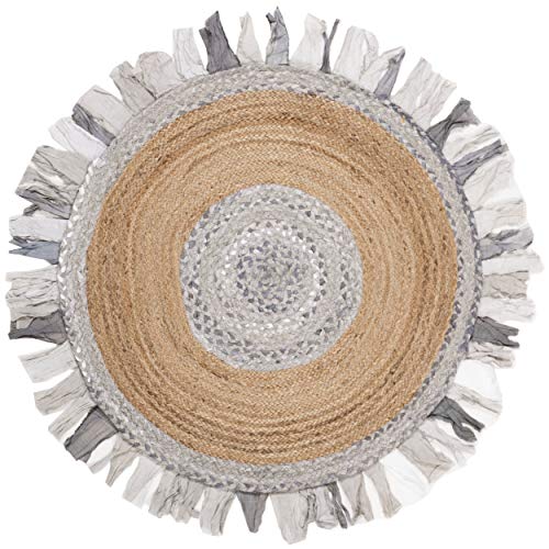 SAFAVIEH Cape Cod Collection Area Rug - 4' Round, Light Grey & Natural, Handmade Boho Fringe Jute & Cotton, Ideal for High Traffic Areas in Living Room, Bedroom (CAP701F) - color: Light Grey/Natural, size: 4' (Round)