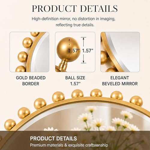 30 Inch Round Wall Mirror with Antique Gold Ball Frame, Beveled Decorative Round Accent Mirror, Vintage Gold Sunburst Style Mirror for Bedroom, Living Room, Entryway, Hallway & Wall Decor - size: Round 30x30"