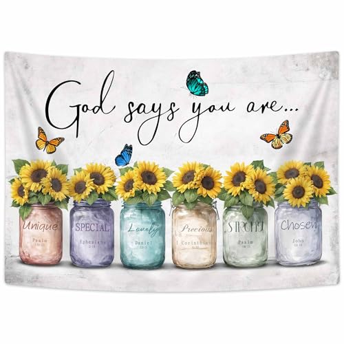 DYNH Inspirational Bible Verse Tapestry, God Says You Are, Sunflowers in Mason Jar Wall Hanging,Quotes Tapestries for Bedroom Living Room Dorm TV Backdrop,40x30In - color: Yellow, size: 40"L x 30"W
