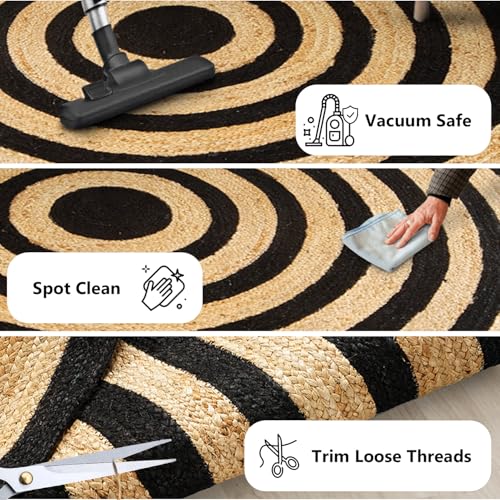 GRUHUM Round Jute Black Area Rugs 10ft Natural Fiber Rug with Rings Handwoven Boho Reversible Farmhouse Braided Rustic Vintage Rug Indoor Kitchen Bedroom Living Room Hallways Enterways 10 feet Circle - color: Natural / Black, size: 10' (Round)