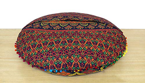 CRAFT KALA Mandala Floor Pillow Cushion Cover Seating Throw Cover Hippie Decorative Bohemian Ottoman Poufs Pom Pom Pillow Cases Boho Indian Cotton Living Room Yoga Home Décor 24" Round, New Blue Ombre - color: New Blue Ombre, size: 24" x 24" (Pack of 1)