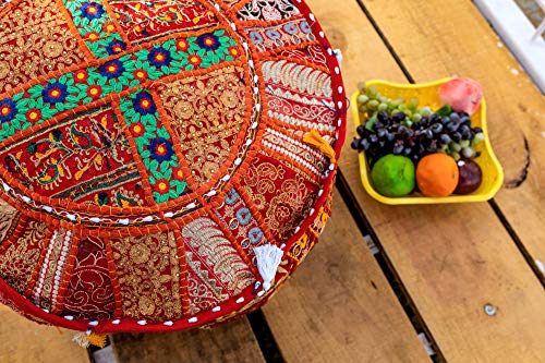 THE ART BOX Cotton Patchwork Vintage Boho Embroidered Bean Bag Seating Pouf Covers Ottoman Kids Stool Decorative Chair Boho Home Décor (14x22 Inches, Cover Only) - color: Red, size: 22"D x 22"W x 14"H