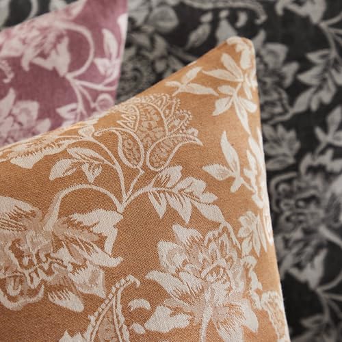 Floral Jacquard Throw Pillow Covers Set of 2, Background/Caramal 24x24 Inch, Farmhouse Decorative Cotton Caramal Cushion Covers for Sofa Bed Living Room Home Decor - color: Background/Caramel, size: 24" x 24" (Pack of 2)