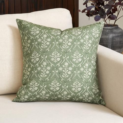 Amor Virisso Floral Pillow Covers 20x20 Inch Farmhouse Block Print Pillow Cover Accent Square Neutral Modern Decorative Throw Pillow Covers for Living Room Couch Bed Sofa Chair, Sage Green - color: Sage Green, size: 20" x 20" (Pack of 1)