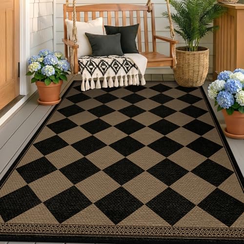 Black & Brown Checkered Easy Jute Outdoor Rug 4x6 for Porch Patio, Washable Non-Slip Diamond Checkerboard Entryway Office and Backyard Boho Border Rug, Farmhouse Low Pile Indoor Carpet for Living Room - color: Black Brown, size: 4' x 6' (Rectangular)