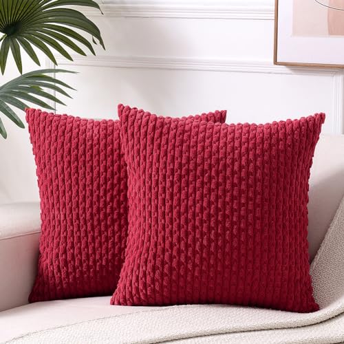 Fancy Homi 2 Packs Burgundy Decorative Throw Pillow Covers 18x18 Inch for Couch Bed Sofa, Modern Farmhouse Boho Home Decor, Soft Cute Plush Corduroy Wine Red Striped Cushion Case 45x45 CM - color: Burgundy, size: 18" x 18" (Pack of 2)