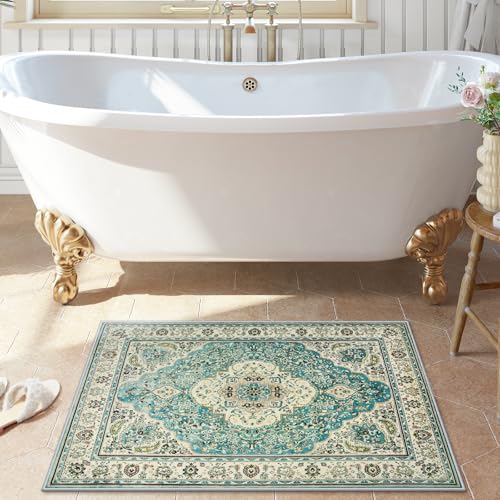 Lahome Felice Floral Medallion Area Rug - 2x3 Small Rugs for Entryway Distressed Doormat Vintage Non-Slip Washable Low-Pile Carpet for Indoor Front Entrance Kitchen Laundry Bathroom, Sky/Baby Blue - color: Sky/Baby Blue, size: 2' x 3' (Rectangular)