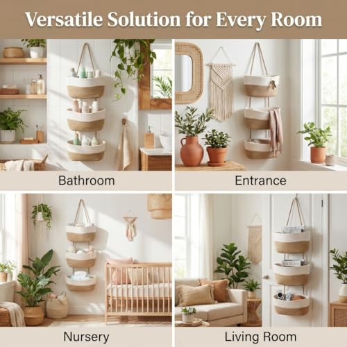 Hanging Wall Basket, Over the Door Hanging Basket with Hooks, 3-Tier Cotton Hanging Basket for Organizing, Decorative Boho Chic Decor for Wall, Bedroom, Living Room, Nursery, Whte & Jute - color: White&Jute