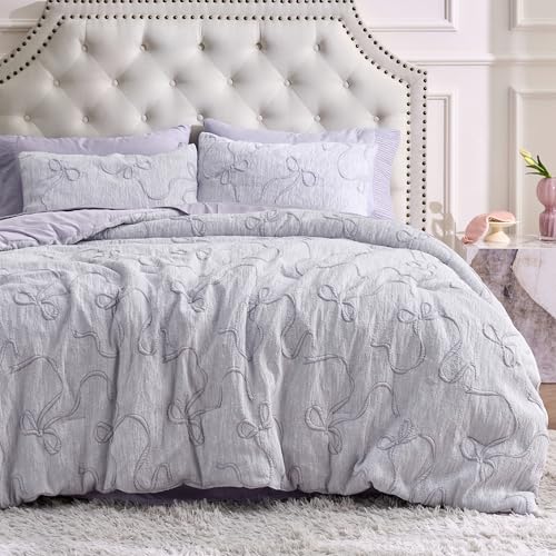 Bedsure Purple Comforter Set Queen, GentleSoft™ 3 Pieces Breathable Bow Comforter Set Women Girls with 2 Pillow Shams, Cute Queen Bedding Sets Purple Room Decor Aesthetic Bedroom Decor, 90x90 Inches - color: 01 - Bow Light Purple, size: Queen (90" x 90")