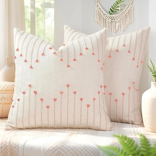 ZONYO Lumbar Throw Pillow Covers 12x20 Set of 2, BohoTextured Woven Cotton Decorative Cushion Covers with Fringe Tassel, Fade Resistant Washable for Couch Sofa Bed Patio, Farmhouse Outdoor Decor, Pink - color: Pink, size: 20" x 12" (Pack of 2)