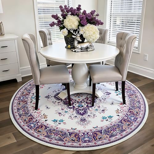 HOMORE Vintage Round Rug 4ft Washable Non Slip Circle Rugs 48inch Indoor Carpet for Bedroom Living Room Dining Room Kids Room Home Office Dorm,Purple - color: Purple, size: 4' (Round)
