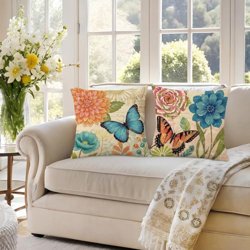 wyooxoo Spring Summer Pillow Covers 16x16 Set of 4 Farmhouse Throw Pillow Covers Linen Flower Butterfly Decorative Pillowcases for Sofa Couch Living Room Outdoor - color: Color D, size: 16" x 16" (Pack of 4)