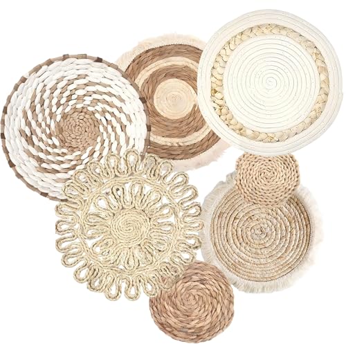 7 Pack Boho Wall Basket Decor,Hanging Woven Wall Basket Decor,Handmade Round Tassels Tapestry Wall Decor,Wicker Bamboo Seagrass Wall Hanging Decor for Farmhouse Living Rooms Bedrooms Display
