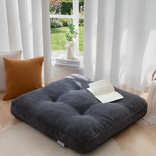 HIGOGOGO 35" Floor Pillow Cushion for Adults, Meditation Cushion Pillow, Extra Large Square Floor Sitting, Tufted Corduroy Cover for Tatami Living Room or Yoga, Dark Grey - color: Dark Grey, size: 4" Thick Square