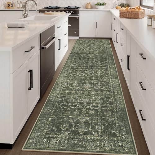 3x10 Green Runner Rug Hallway Washable Area Rugs Kitchen Vintage Boho Non Slip Long Rug Floral Carpet Indoor Retro Soft Low Pile Throw Rug for Bedroom Bathroom Laundry Dining Living Room Office - color: Dark Green, size: 3' x 10' (Runner)