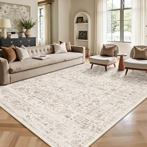 5x7 Area Rugs, Washable Vintage Retro Floral Rug for Living Room, Low Pile Non Slip Distressed Large Carpet for Bedroom, Dining Room, Office, Home (Light Brown) - color: E-light Brown, size: 5' x 7' (Rectangular)