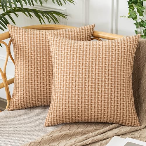 UGASA Outdoor Waterproof Pillow Covers Pack of 2 Weaving Texture Water Resistant Outside Decorative Pillow Cases for Patio Garden Porch Yard Bench Tent 18x18 Inch, Light Brown - color: Light Brown, size: 18" x 18" (Pack of 2)