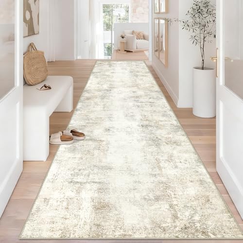 Capslpad 3x12 Beige Abstract Hallway Runner, Ultra Soft Fabric Washable Runner Rug, Non-Slip Rubber Backing, Stain Resistant Low Pile Runners for Hallways, Kitchen, Entryway, Bedroom - color: Beige, size: 3' x 12' (Runner)