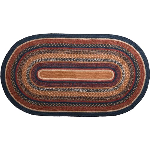 VHC Brands Stratton Primitive Jute Blue Striped Accent Rug Decor Oval w/Floor Pad 27"x48" - size: 27x48