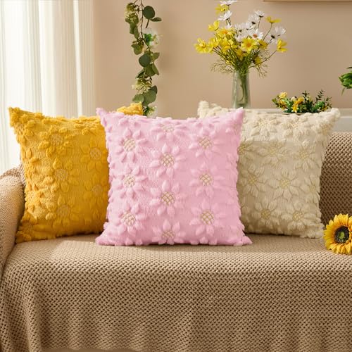 DFXSZ Spring Summer Pillow Covers 18x18 inch Set of 2 Farmhouse Decor Yellow Flower Heart Sunflower Pink Soft Plush Faux Fur Jacquard Throw Pillows for Sofa Holiday Spring Home Decor PTK024J18 - color: Pink, size: 18" x 18" (Pack of 2)