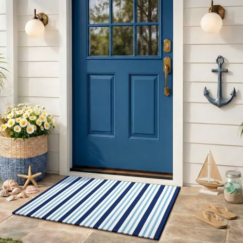 Moucuny Navy White and Blue Striped Rug, 2' x 3' Coastal Navigation Theme Summer Rug Outdoor Front Porch Door Mat Welcome Layering Rustic Washable Doormat for Entryway Farmhouse Decor - color: Navy White Blue, size: 2' X 3', style: Vertical Stripe