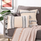 Boho Tufted Lumbar Throw Pillow Covers - Farmhouse Neutral Decorative Cushion Cover with Tassels - Rectangular Woven Pillow Covers for Couch Living Room Sofa (12X20 inch, Vertical Stripe)