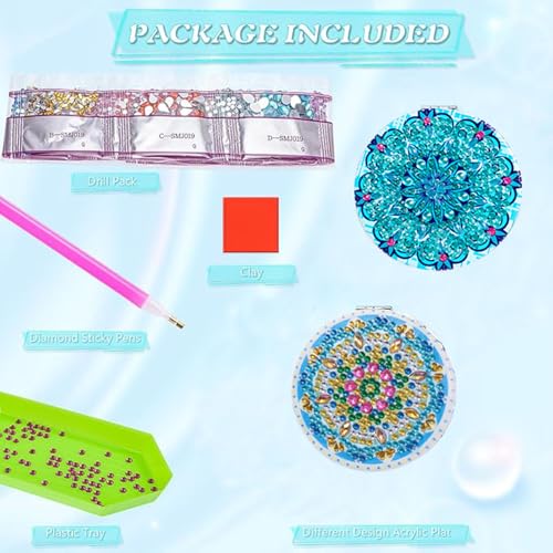 DDGYP 2 PCS DIY Diamond Painting Compact Mirror, Pocket Mirror Cover Portable Folding Purse Mirror, PU Leather Diamond Art Projects Kits for Women Girls Gifts - color: Blue