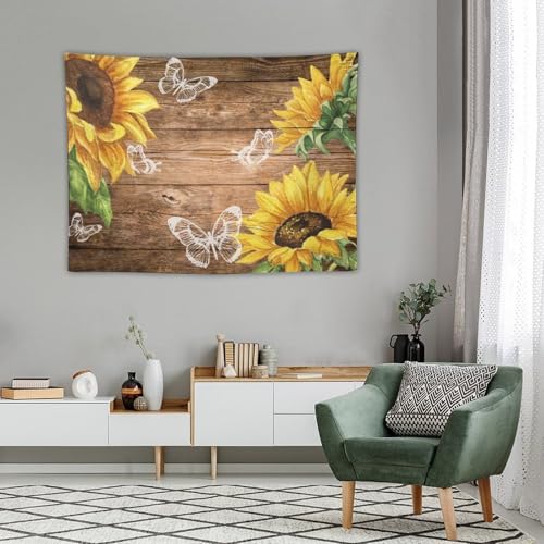 Sunflower Tapestry,Watercolor Floral Rustic Wooden Plank Retro Barn Door Butterfly Tapestry for Bedroom,Nature Landscape Tapestry Wall Hanging for Living Room Dorm Home Decor,40"x30" - color: Sunflower-3, size: W40xL30in