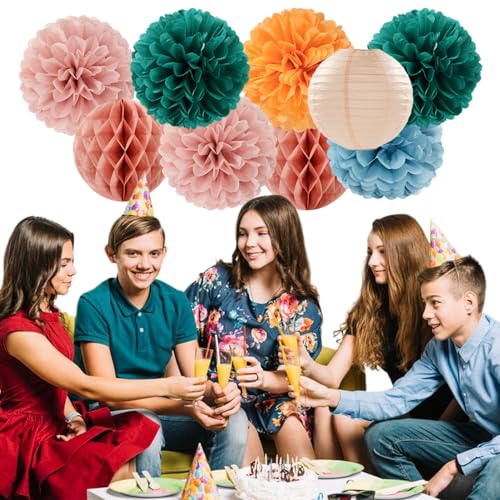 Dusty-Blue Orange Teal Party-Decorations Paper-Flowers - 15pcs Fall Rose Gold Blush Pink Birthday Baby Bridal Shower Tissue Pom Poms Lanterns Streamers,Wedding Bachelorette Hanging Supplies Hugfond - color: Blue Green Orange