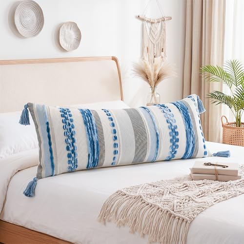 PANOD Boho Long Lumbar Throw Pillow Cover 14 x 36 Blue, Chenille Morocan Extra Long Pillow Case Cover, Decorative Long Pillow for Bed Couch Sofa Farmhouse - color: Sky Blue Tone, size: 36" x 14" (Pack of 1)
