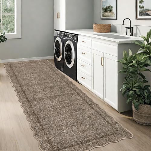 GarveeHome Scalloped Washable Runner Rug 2x6 Runner Non Slip Kitchen Rug Modern Taupe Rug Entryway Rug Farmhouse Soft Bathroom Rugs Stain Resistant Carpet for Hallway Laundry Bedroom 2 ft x6 ft Taupe - color: Taupe, size: 2' x 6' (Runner)