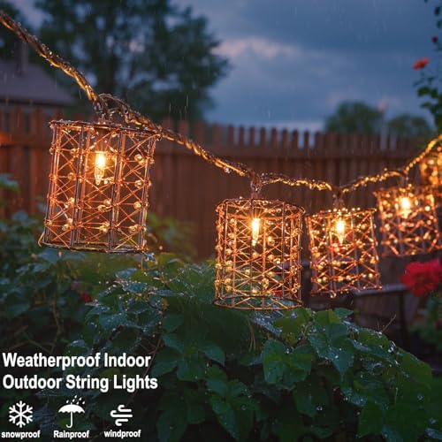 Outdoor Patio String Lights Plug in with 10 Incandescent Bulbs, Handwoven Beaded Copper Wire Style Decorative Lantern String Lights Connectable Weatherproof for Pergola, Porch, Mantel, Indoor Decor