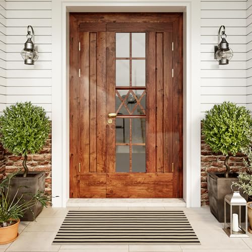 LEEVAN Black and White Outdoor Rug 2x4.3, Outside Entrance Door Mat, Washable Welcome Layering Rugs Farmhouse Front Porch Mats Outside Striped Layered Front Doormat for Porch/Entryway - color: Black and Tan, size: 2' x 4'3" (Rectangular)