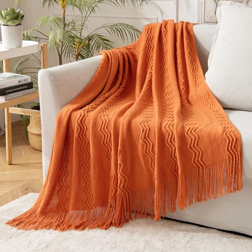MIULEE Burnt Orange Knitted Throw Blanket for Couch Boho Textured Cozy Woven Blanket with Tassels for Sofa Chair Bed Living Room Fall Home Decor Farmhouse Acrylic Wave Pattern 50"x60" - color: Burnt Orange, size: 50" x 60"