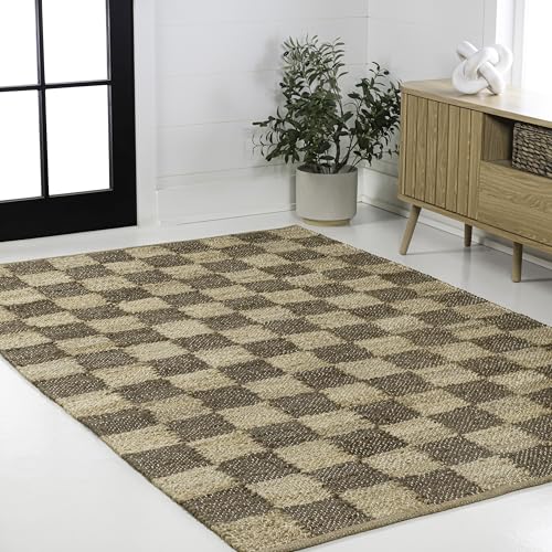 JONATHAN Y Theo Woven Jute Checkerboard Natural/Brown Indoor Area Rug, 5x8, Modern, Farmhouse, Rustic, Lodge, Easy-Cleaning for Living Room, Bedroom, Kitchen, Non-Shedding (NRF203A-5) - color: Natural/Brown, size: 5' x 8' (Rectangular)