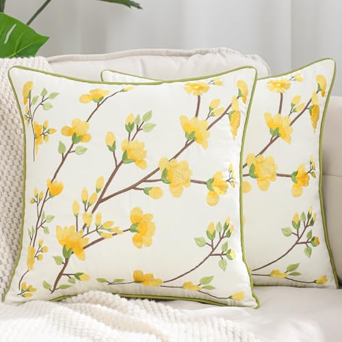 LUOYEHK Embroidered Throw Pillow Covers 18x18 Inch Set of 2 Yellow Retro Flowers Decorative Pillow Covers Spring Summer Flora Pillowcase Cushion Cover for Couch Sofa Bed Home Decor - color: Yellow Flowers