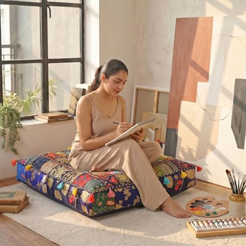 THE ART BOX Cotton Patchwork Vintage Boho Embroidered Floor Pillows & Cushion Cover Dog Pouf Seating Pouf Meditation Pillow Pet Bedding Cat Bed Boho Home Décor (35x35 Inches, Cover Only) - color: Blue