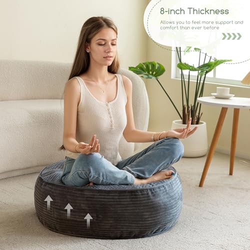 HIGOGOGO 8" Extra Thick Floor Pillow Cushion for Adults, Meditation Cushion Pillow, Large Round Floor Sitting, Tufted Corduroy Cover, for Tatami Living Room or Yoga, 22x22 Inch, Dark Grey - color: Round Dark Grey, size: 8" Thick(Pack of 1)
