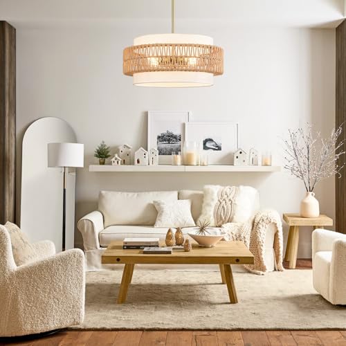 19.7" Boho Rattan Chandelier, 4-Light Large Rattan Pendant Light with Fabric Shade, Boho Drum Ceiling Hanging Light Fixture for Dining Room, Living Room, Kitchen Island, Hallway, Foyer - size: 19.7" V-shaped weaving