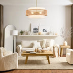19.7" Boho Rattan Chandelier, 4-Light Large Rattan Pendant Light with Fabric Shade, Boho Drum Ceiling Hanging Light Fixture for Dining Room, Living Room, Kitchen Island, Hallway, Foyer - size: 19.7" V-shaped weaving