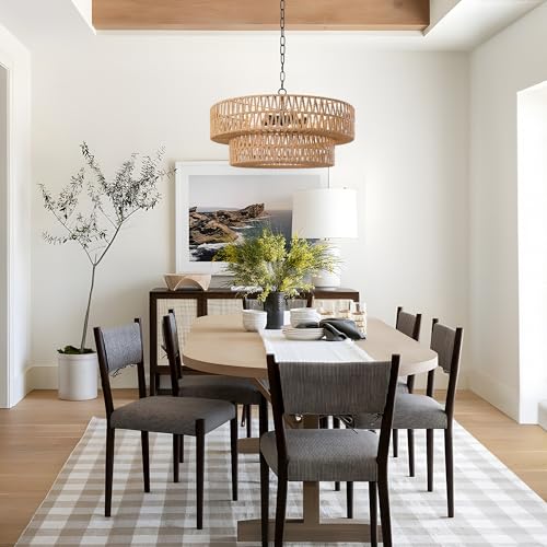 21.6 Inch Boho Rattan Chandelier, 5-Lights Hand Woven Bohemian Chandeliers with 2-Tier Drum Wicker Shade, Modern Farmhouse Large Pendant Light Fixture for Dining Room Living Entryway Bedroom - color: Black Metal, size: 21.6 Inch
