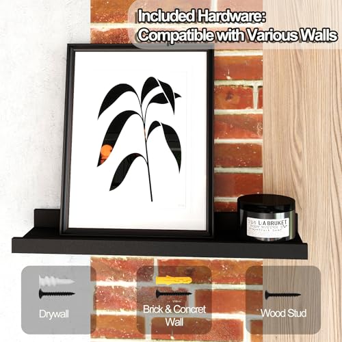 Black Floating Shelves for Wall Decor, Wall Mounted Wood Storage Shelf for Bedroom, Living Room, Bathroom, Kitchen, Nursery, Display Picture Ledge Shelf with Lip Set of 2-16 Inches, Black - color: Black, size: 15.8in