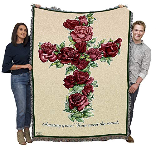 Red Roses Cross Blanket by Parker Fulton -Amazing Grace How Sweet The Sound - Sympathy Bereavement Gift Tapestry Throw Woven from Cotton - Made in the USA (72x54) - color: Red Roses Cross, size: 72" x 54"