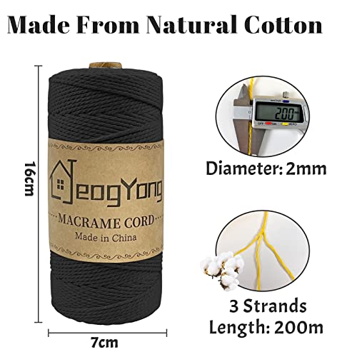JeogYong Macrame Cord 2mm x 218 Yards, 3-Strand Twisted Natural Cotton Rope, Cotton String Coloured Craft Cord for Plant Hanger Wall Hanging Knitting Crafts, Black Color - color: Black